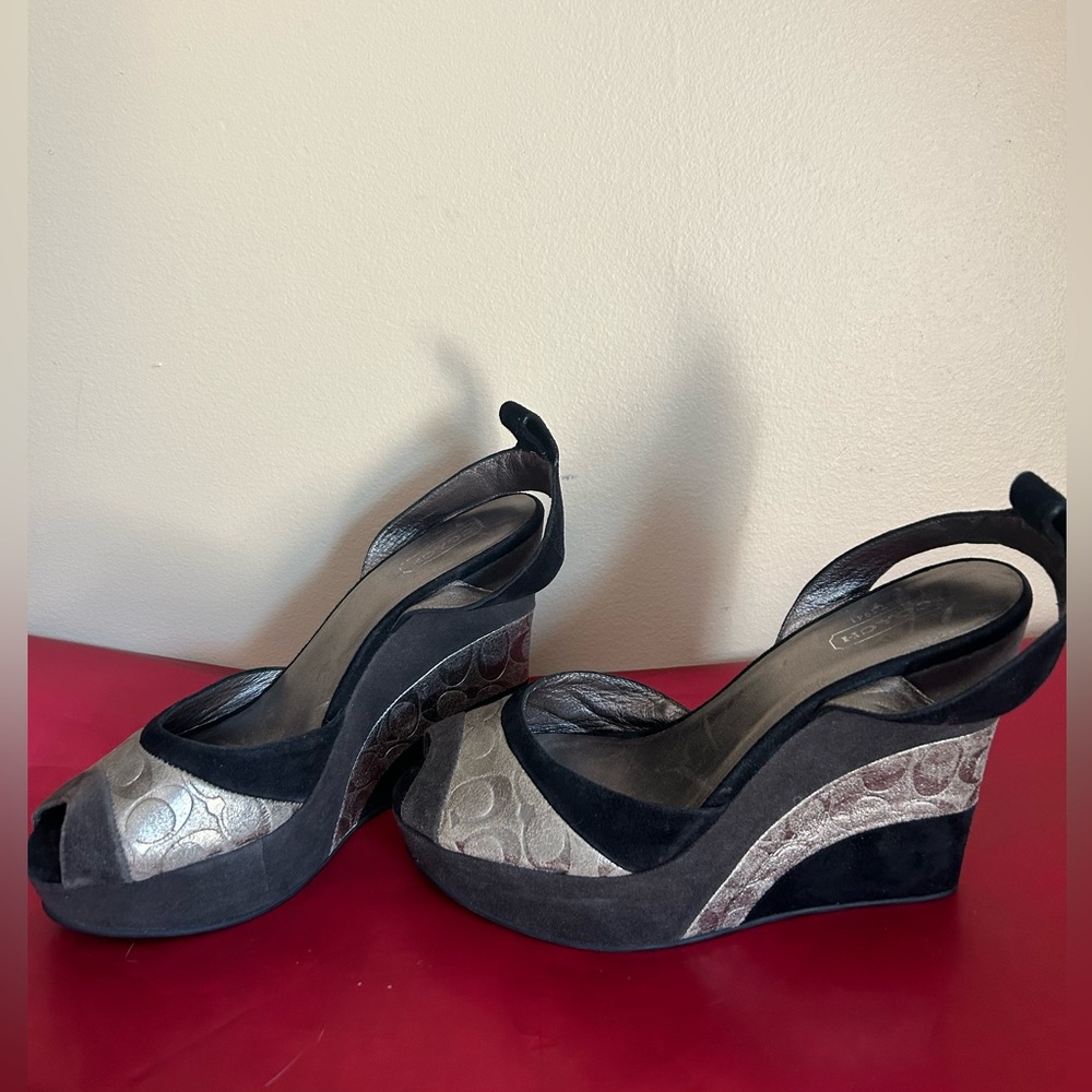 Coach Black and Silver Suede Wedge Sandals - Picture 8 of 13